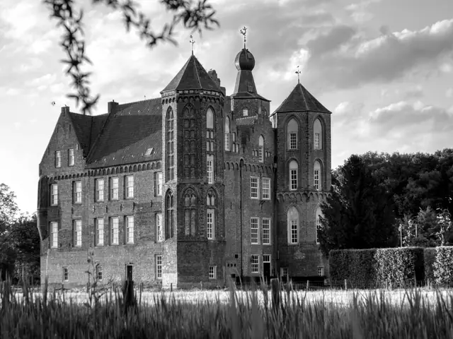 Bakstenen kasteel met torens en leien daken achter hoog gras in avondlicht